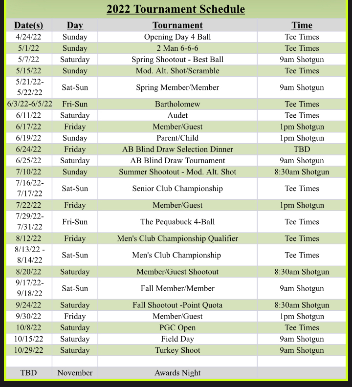 2022 Member Tournament Schedule - Pequabuck Golf Club